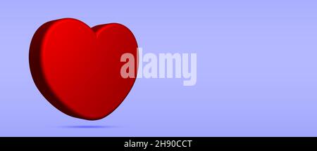 Glossy 3D Big Heart Banner. Beautiful Red Lovely Heart Flying in Blue Background. Minimal Concept. Greetings, Valentines. Stock Photo