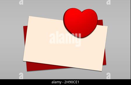 Letter with red heart. Paper Blank and Beautiful Red Envelope on Grey Background. Lovely letter Love From The Heart Concept. Flat 3D Illustration Stock Photo