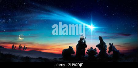 Nativity Of Jesus With Comet Star - Scene With The Holy Family In Snowy ...