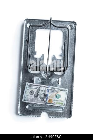 Steel  mouse or rat trap with a 100 dollar banknote bait isolated on white Stock Photo