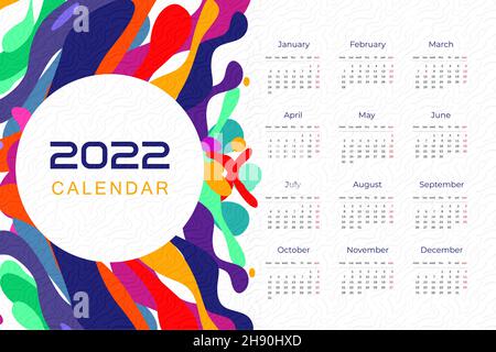 Calendar Template Of 2022 In Colorful Fluid Liquid Shapes And Textures Stock Vector