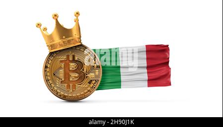 Bitcoin with gold crown and Italy flag. Cryptocurrency king concept. 3D Rendering Stock Photo