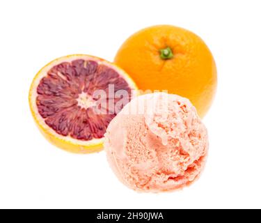 front view of blood orange ice cream with blood oranges isolated on white background Stock Photo