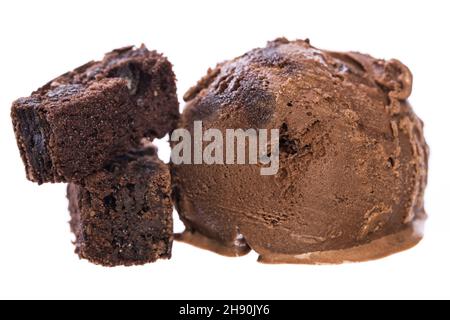 Single chocolate - brownie ice cream ball with brownies isolated on white background front view Stock Photo