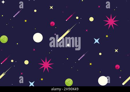 Seamless pattern with stars and comets. Texture with space objects in flat style. Stock Vector