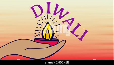 Digital composite of hand holding burning diya and diwali text over colored background Stock Photo