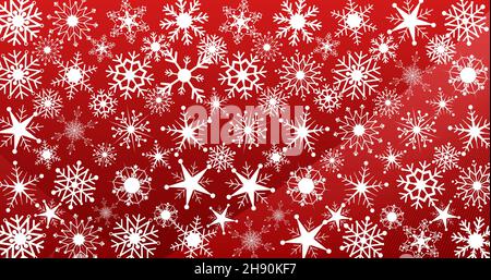 Full frame shot of white snowflakes and star shapes on red background