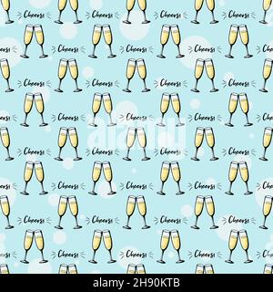 Glasses of champagne seamless doodle pattern. Cheers vector illustration on blue background. Valentines day greeting card, anniversary celebration poster Stock Vector