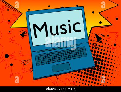 Laptop with Music text on the screen. Vector cartoon illustration. Listening to music concept. Stock Vector