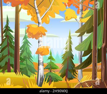 Birch. Autumn landscape. Beautiful bright rural scene with orange and yellow grass and plants. Illustration in cartoon style flat design. Vector. Stock Vector