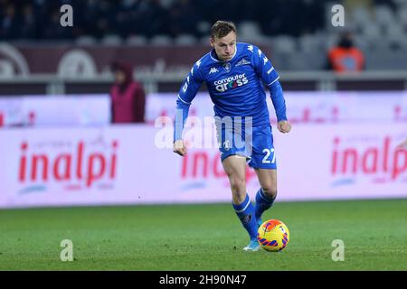 Szymon Zurkowski of Empoli Fc  controls the ball during the Serie A match between Torino Fc and Empoli Fc at Stadio Olimpico on December 2, 2021 in Turin, Italy. Stock Photo