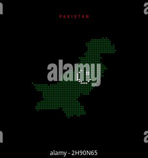 Square dots pattern map of Pakistan. Pakistani dotted pixel map with national flag colors isolated on black background. Vector illustration. Stock Vector