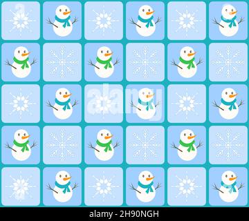 Winter seamless pattern on blue checkered background with snowman and snowflake Stock Vector