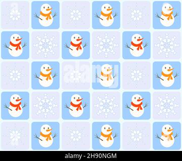 Winter seamless pattern on light checkered background with snowman and snowflake Stock Vector
