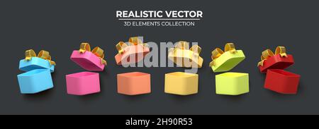 Set of multicolor Realistic empty open gift box with golden bow. Collection of realistic gifts . Festive colorful decorative 3d render object. Isolated on white background. vector illustration Stock Vector