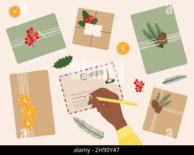 Black female hand write greeting card with gift boxes wrapped into kraft paper and twine ribbon, green branch, mail. Eco Christmas and New Year prepar Stock Vector
