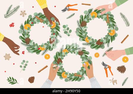 Diversity female hands hold and make Christmas wreath. Top view fir, bay, dry orange, red berries, pine cones, greens, secateurs. Eco Christmas worksh Stock Vector