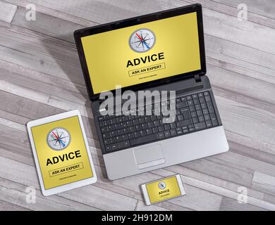 Advice concept shown on different information technology devices Stock Photo