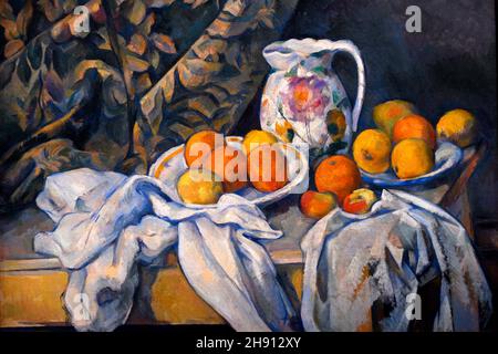 Still Life With Fruit Curtain And Flowered Pitcher by Paul Cezanne