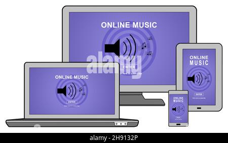 Online music concept shown on different information technology devices Stock Photo