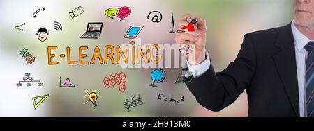 Businessman drawing an e-learning concept Stock Photo