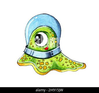 Watercolor illustration of a little cute green shapeless alien in a spacesuit. Childish picture of a happy alien with one big eye and yellow spots. Is Stock Photo