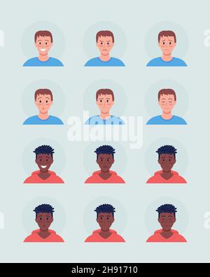 Diverse male facial expressions semi flat color vector character avatar set Stock Vector