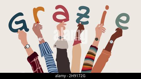 Raised arms of a group of multiethnic people holding the letters that form the Italian word -thank you- in their hands. Teamwork.Gratitude. Agreement Stock Vector