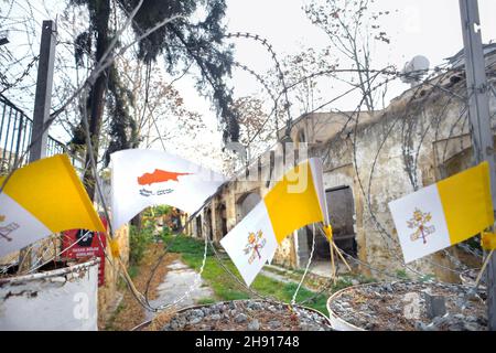 A view of the border between the two sides of Cyprus during the visit of Pope Francis on December 3, 2021. The Republic of Cyprus is de facto partitioned into two main parts: the south area under the effective control of the Republic and the north administered by the self-declared Turkish Republic of Northern Cyprus. on December 3, 2021 RESTRICTED TO EDITORIAL USE - Vatican Media/Spaziani. Stock Photo