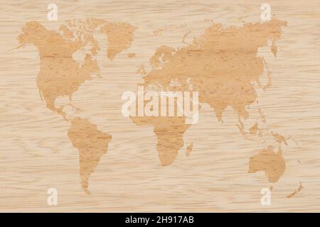 Bright World Map on two types wooden texture background. Stock Photo