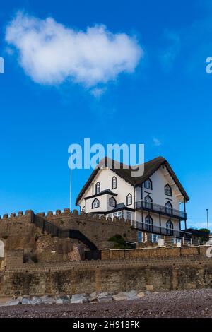 Thatched cottages on the seafront at Sidmouth, Devon UK in November Stock Photo