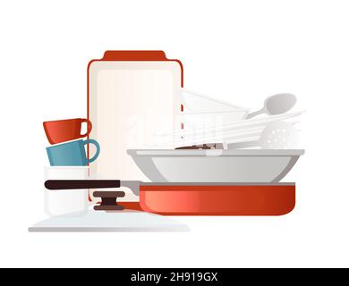 Clean stack of kitchen dishware and utensils vector illustration on white background Stock Vector