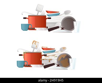 Dirty and clean dishes before and after vector illustration on white background Stock Vector