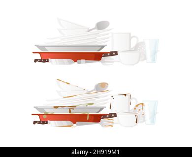 Dirty and clean dishes before and after vector illustration on white background Stock Vector