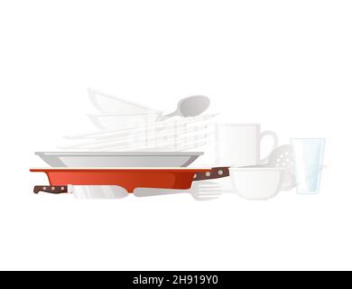 Clean stack of kitchen dishware and utensils vector illustration on white background Stock Vector