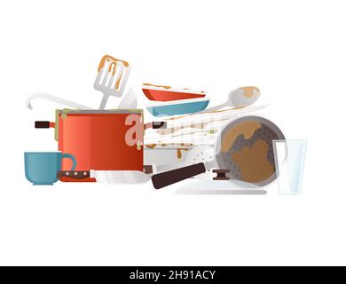 Unclean dirty stack of kitchen dishware and utensils vector illustration on white background Stock Vector