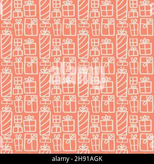 hand drawn gift boxes with bows festive christmas seamless pattern soft orange and beige color. Stock Vector