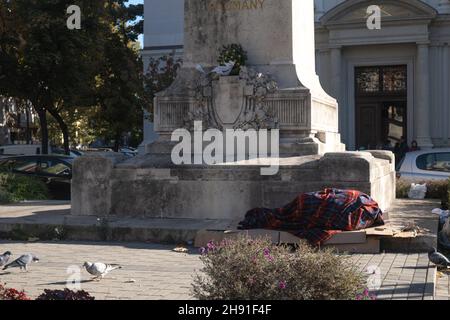 Budapest, Hungary - 1 November 2021: Homeless person sleeping on street in Europe, Illustrative Editorial. Stock Photo