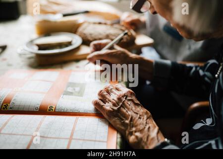 Cropped image of senior woman solving crossword puzzle in book at home Stock Photo