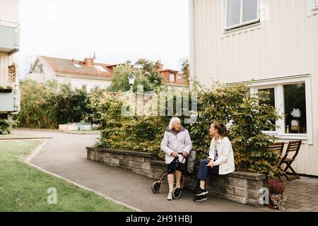 Senior woman and female healthcare worker spending leisure time while sitting on retaining wall against plant Stock Photo