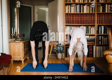 Male caregiver and senior woman doing stretching exercise at home Stock Photo