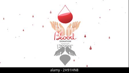 Digital composite of hands catching blood drop with donation text on abstract white background