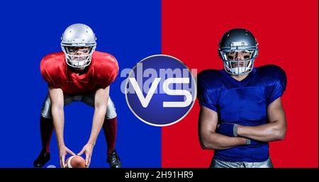 Portrait of confident male american football players against colored background Stock Photo