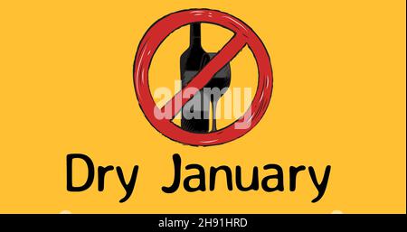 Digital composite image of dry january text with no alcohol symbol on yellow background Stock Photo