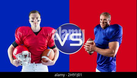 Portrait of confident american football players holding balls and helmet against colored background Stock Photo