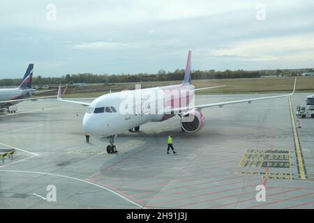 Budapest, Hungary - 1 November 2021: Wizz Air plane aircraft in airport, Illustrative Editorial. Stock Photo