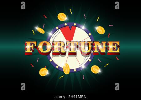 Fortune wheel banner. Inscription, spinning lucky roulette with confetti and money coins. Life good luck and success symbol. Take chance, win and get prize concept. Winner poster vector illustration Stock Vector