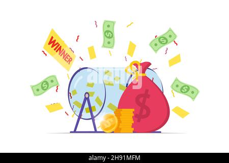 Prize raffle rotating drum with lottery tickets and lucky winner money bag on white background. Online random draw promotional design concept. Gambling vector eps illustration Stock Vector