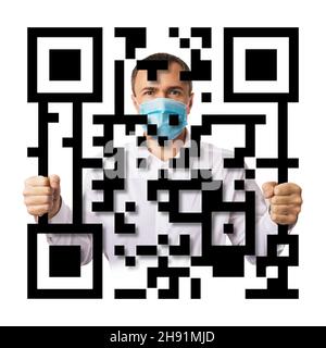 A man in a mask holds on to the bars made of QR-code, isolated on a white background, concept on the theme of digital prison Stock Photo