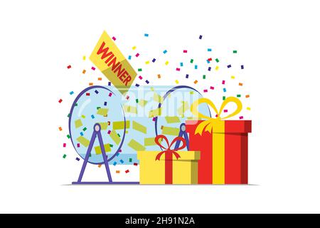 Prize raffle rotating drum with lottery tickets and lucky winner gift boxes on white background. Online random draw promotional design concept. Gambling vector eps illustration Stock Vector